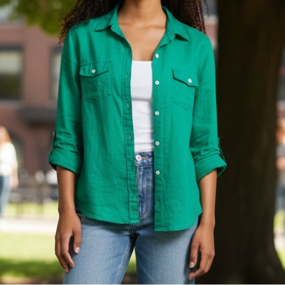 Old Navy Vibrant Green Linen Cotton Blend Shirt